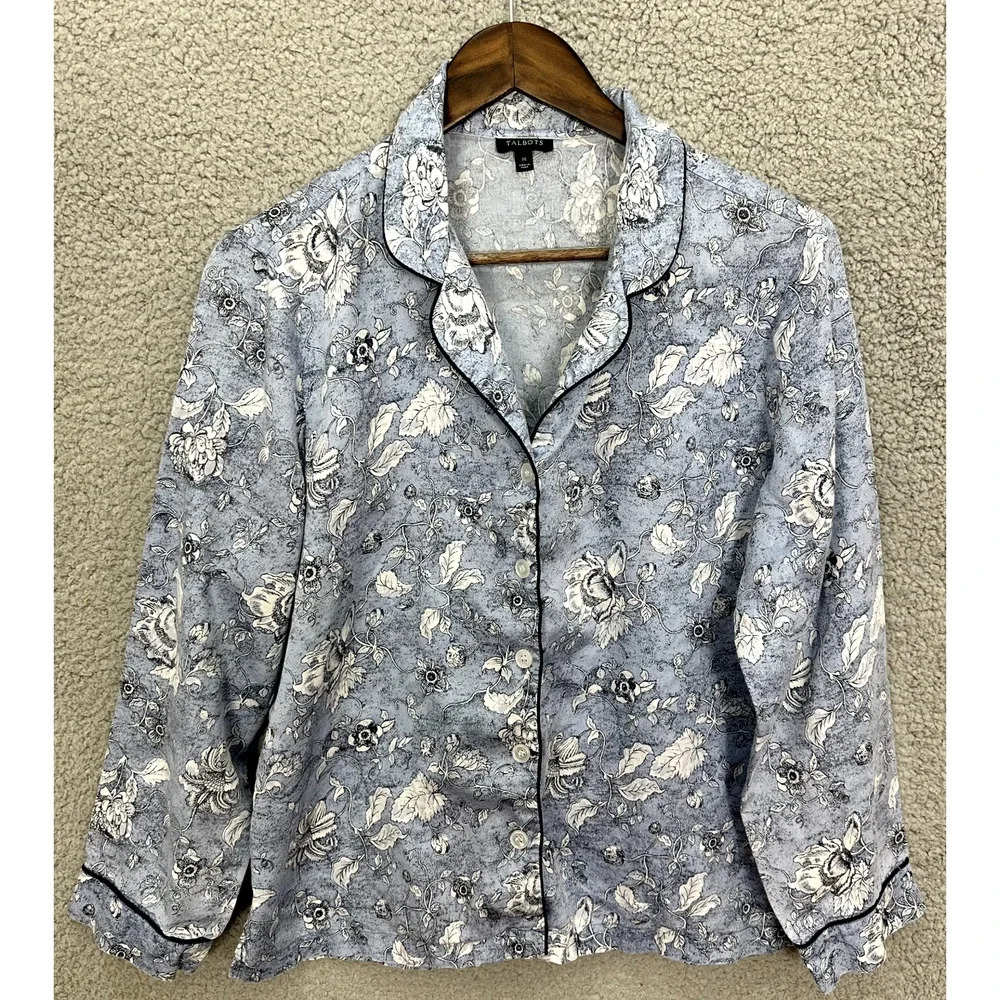 Talbots Button Up Pajama Top Womens Medium Blue Floral Long Sleeve Cotton
